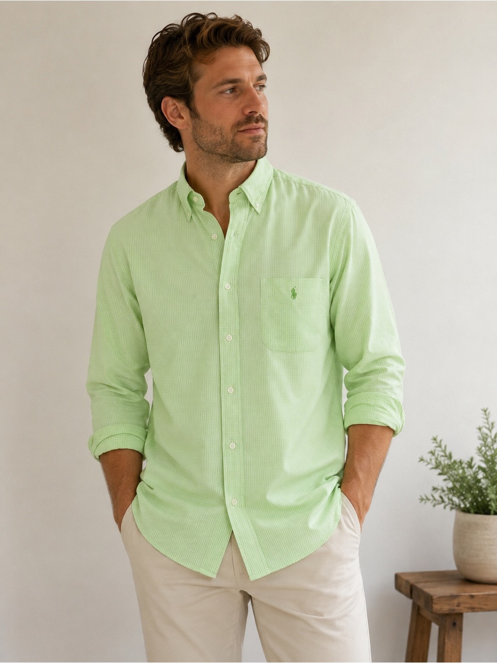 Ralph Lauren Blake Green Gingham Button Down Shirt Women’s M 100% Cotton